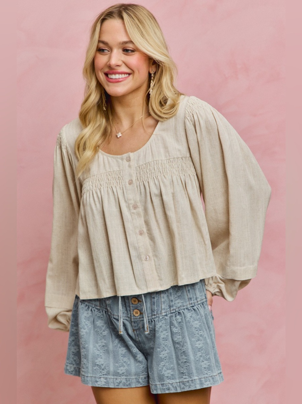 SO ME Linen Blend Woven Long Sleeve With Smocking Top - Picture 14 of 16